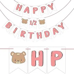 Wobbox Birthday Bunting Banner"Its My Half Birthday" Pink Text & Bear, Birthday Decoration Item-picture-34