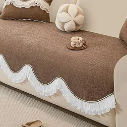 HOKIPO 'French Classic Frill' Anti-Slip Sofa Cover Mat for All Sofas | Make Your Own Sofa Cover Set, Stylish Curved Lace Design Mat Length 90(D) x 220(L) cm, Mocha Luxe Brown (AR-6144-BRN)-picture-61