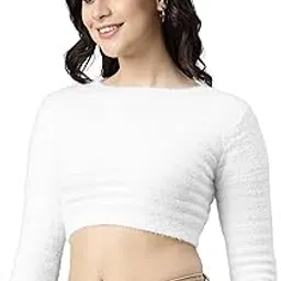 icw Women's Stretchable Knitted Round Neck Long Sleeve Fluffy Faux Fur Crop Pullover Top DN175 One Size Fit (XS-S-)-picture-19