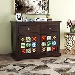 Wopno Furniture Solid Sheesham Wood Sideboard Cabinet with Drawer for Living Room | Free Standing Movable Cabinet Storage for Home | Rosewood Crockery (Walnut, Small)-image-48