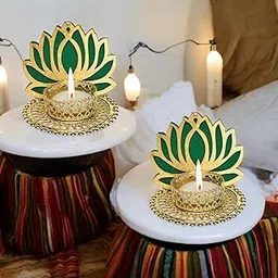StayBuy™ Handmade Lotus Tealight Candle Holders with Intricate Gold Design for Decoration/Diwali Decoration/Table Top, Color-Green, Pack-02-image-82