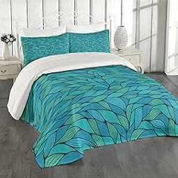 Ambesonne Teal Coverlet, Abstract Wave Design with Colorful Design Ocean Themed Marine Life Pattern Print, 3 Piece Decorative Quilted Bedspread Set with 2 Pillow Shams, Queen Size, Mint Green Blue-image-18