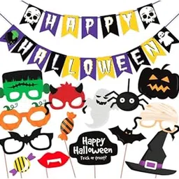 WOBBOX Halloween Party Prop Photo Booth Props DIY Kit with Bunting Banner for Party Supplies Featuring Boo Pumpkin Ghost Halloween Decorations Photo Booth Props (Combo YV)-picture-33