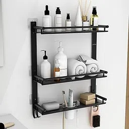 Plantex Self Adhesive Stainless Steel Shelf/Bathroom Organiser Without Drill/Shelf for Bathroom with Soap Dish/Toothbrush Holder/3 Tier Multipurpose Rack with Hooks (Black)-image-5