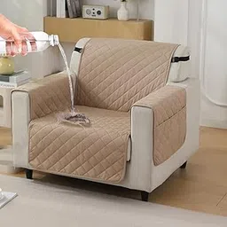 HOKIPO Polyester Quilted Waterproof Sofa Cover Mat For 1 Seater Sofa With Pockets On Armrest Cover - Beige (AR-5252-BGE)-picture-28