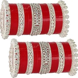 zulka Latest Metal Bangles Silver Chuda Set For Bridal Women & Girls with Zircon Diamond & Kundan Beads | Designer AD Chuda | Bridal Bangles Chooda Set For Wedding, Party, Occasion-Set of 74-picture-25