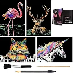 Scratch Art Paper(A4) for Kids & Adults, Rainbow Painting Night View Scratchboard, Art Craft, Crafts Set: 4 Scratch Cards Unicorn/Flamingo/Cat/Deer & Scratch Drawing Pen, Clean Brush (Gentle Animal)-image-42