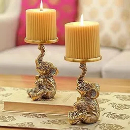BEHOMA Aluminium Elephant Pillar Candle Holder Statue Set of 2 for Home Decor | Tabletop Showpiece for New Home Deepawali Decoration | Diwali & Festivals Gift Article for Housewarming | Gold, 2 pcs-picture-34