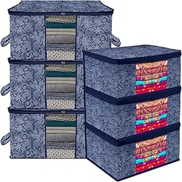 Kuber Industries Set of 6 Saree Cover & Underbed Storage Combo | 3 Pieces Saree & 3 Pieces Underbed Storage Bag with Handle | Garments Clothing Cover | Flower Printed | Navy Blue-picture-24