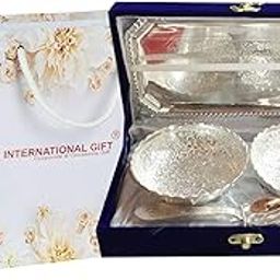 international gift INTERNATIONAL GIFT® German Silver Brass Two Bowl with Two Spoon and with Single Tray with Beautiful Velvet Box Packing with Carry Bag Uses for Dry Fruit | Chocolate | Sweet | HomeDecor-picture-23