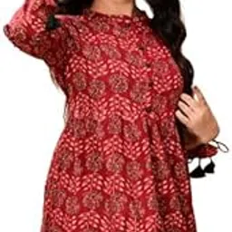 Indian Ethnic Wear Women's Cotton Floral Print Top, Red, 3/4 Sleeve with Pom-pom Trim, Medium, Regular Fit, Summer Casual Collection-picture-34