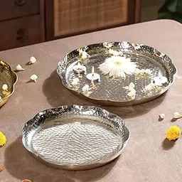 Nestasia Aluminium Urli Set of 2 for Diwali Decor - Textured Decorative Diya Tray for Floating Flowers and Tea Light Candles - Diwali Decoration Items for Home Decor - Ideal for Gifting (Silver)-picture-27