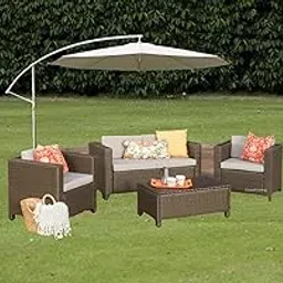 Grand Living 4-Piece Patio Rattan Sofa Outdoor Garden Modern PE Wicker Rattan Wicker Sofa Conversation Furniture Set with Cushion (Brow- Beige)-picture-19