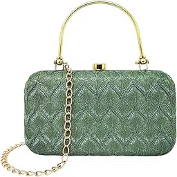 Elegant Evening Clutch Purse for Women, Quilted Green Metallic with Gold Handle, Chain Strap, Vintage Style Box Design-image-78