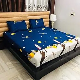Mosho 180 TC Glace Cotton Kids Moon Star Bed Sheet with 2 Pillow Covers (Navy Blue, Double Bed)-image-2