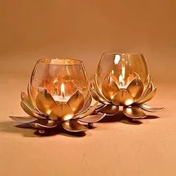 Handicraft Lotus Flower Candle Tealight Holder with Crackled Glass Iron Candle Holder- Set of 2-picture-25