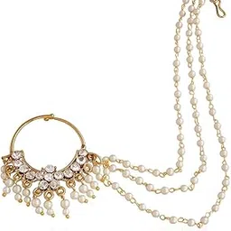 cz stone Regal Gold Plated Nose Pin with Triple Pearl Strings-picture-12