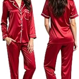 7daysilk Elegant Red Silk Pajama Set – Flowy Fit for Restful Nights-picture-19