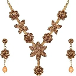 Gold Floral and Star Stone Necklace with Earrings | Bridal Wedding, Party, & Festival Jewellery | Traditional Indian Ethnic Necklace Earrings Set with Pearl Drops-picture-33