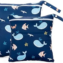 2 Pack Wet Dry Bags Waterproof Washable Travel Bags, Wet Bag with 2 Zippered Pockets for Diapers, Daycare, Bathing, Travel, Beach, Wet Swimwear, Yoga Gym (Whales)-picture-32