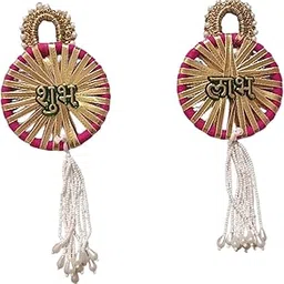 Shubh labh Hanging, Diwali Door Hanging, Gold-Pink Sunburst Design with Shubh Labh, Pearl Beaded Tassels, Hindu Festival Decor.-image-20