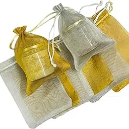 KRIWIN Pack of 50 Organza Tissue Gift Potli Bags 5inch X 7 inch, Drawstring Closure (Gold & Silver)-picture-24