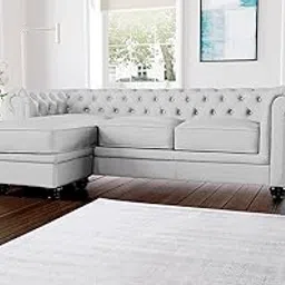 ES ESPINHO ESPN0001 Solid Sal Wood Leatherette Upholstered 3 Seater Left Hand Side Facing Button Tufted Chesterfield Modular, Sectional, Corner L Shape Sofa Set for Living Room, Steel Grey Color-image-99