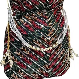 mahvarya Potli Bag for Women | Embroidered Silk Wedding Purse with Pearl Handle | Ethnic Bridal Clutch for Party, Festive, Wedding (Dark Green)-picture-54