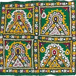 Ethnics of Kutch Ahir Work Cotton Fine Mirror and Threadwork Embroidery Wall Decoration - 48 cms Length - (Green - 21404B)-picture-60