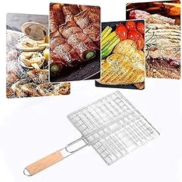 TRAY Mild Steel Portable Barbecue BBQ Grill Net Basket Roast Grilling Tray Plated with Wooden Handle (L-43,W-29,H-2CM)-picture-58