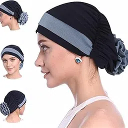 Chemo Caps for Women, Flower Head Cap Hair Cap Turban, Cancer Caps for Women, Stylish Hair Wrap Cap, Stretchy Chemo Cap for Women Ladies - Navy Blue-image-11