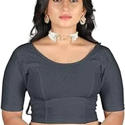 mrswears Women's Slim Fit Readymade Stretchy 100% Pure Cotton Dobby Elbow Length Saree Blouse-picture-17