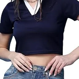 popwings Casual Solid Collar Neck Short Sleeves Crop Top for Women || Summer T-Shirt Style Women Crop Top || Latest Stylish Western Crop Top for Women-picture-42