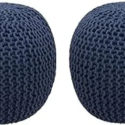 FR Creations Cotton Pouf Puffy for Living Room Sitting Round Ottoman Bean Filled Stool for Foot Rest - Hand Knitted Cable Style Dori Pouf (Blue 35x35x50 Inches)-Pack of 2-image-32