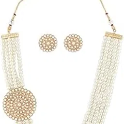 zaveri pearls Gold Tone Multi Layered Side Brooch Pearls Long Necklace & Earring Set For Women-ZPFK10262-picture-36
