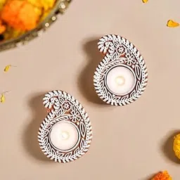 Lifeu Set of 2 Paisley Design Tea Light Candle Holder Stand Handmade Wooden Block Print Hand Shaped Tlight for Diwali Handicraft Decoration Items Candle Holder Set Stand for Indoor Decor image 1