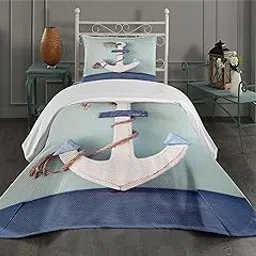 Ambesonne Anchor Coverlet, Wooden White Rusty Marine Boating Anchor and Motif Design, 3 Piece Decorative Quilted Bedspread Set with 2 Pillow Shams, Twin Size, Pale Blue-image-46