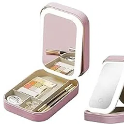 Portable LED Makeup Bag with Adjustable Light-Up Mirror - Three-Color Lighting | Dust-Proof Cosmetic Case with Multi-Compartment Storage and Jewelry Organizer, Pink, 6.5"L x 4.5"W-image-28