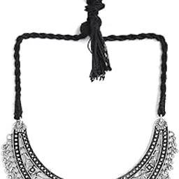 rubans Oxidized Silver-Plated Floral Engraved Choker Necklace with Ghungroo Beads | Handcrafted Traditional Jewelry for Women & Girls | Festive & Ethnic Wear-picture-41