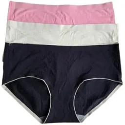 Women's High Waist Comfort Panties, Cotton Blend, 3-Pack Set in Pink, White, Black with Contrast Piping, Full Coverage Brief Style-picture-44
