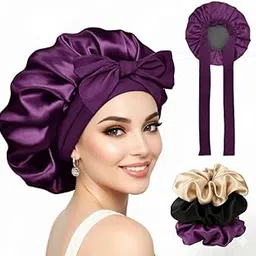 Silk Bonnet for Hair with 3 Scrunchies| Adjustable Satin Hair Cap for Sleeping | Bonnet for Curly Hair with Wide Tie Band| Multiple use| Shower Cap| (purple)-picture-31