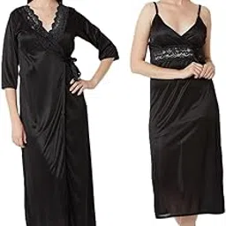 ledelav Women's 2-Piece Satin Nighty Set with Robe & Slip | Long Night Dress with Lace Detailing | Bridal & Honeymoon Nightwear-picture-12