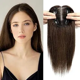 Women's Synthetic Middle Part Hair Topper 5" x 5" Silk Base 5 Clip in Straight Hair Extension for Thinning Hair for Women & Girls,16 Inches Long, Brown Color-picture-32