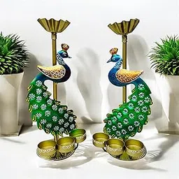 pranjals house Tea Light Candle Holder for Home Decorative Peacock Showpiece Metal Figurine Candle Diya Burner Slots for Mandir, Pooja Room, Living Room| Set of 2 | (Size-14x4x4 Inches)-image-48