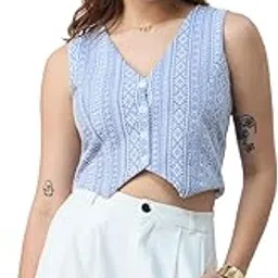 the souled store Linen Blend Vest: Aztec Women and Girls V Neck Sleeveless Button Front Blue Printed Polyester Blend Regular Fit Cropped Tops-picture-40