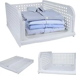 Plastic Foldable Cloth Organizer for Wardrobe | Set of 3 Stackable Storage Drawers | Space-Saving Shelf Organizer for Shirts, Pants, Sarees & Toys | ABS Foldable Design | White-image-81