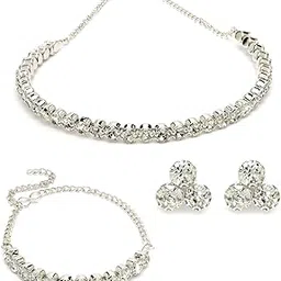 Decorative Crystals Stones Studded Rhodium Plated Choker Necklace Set with Studs Earrings & Adjustable Bracelet Combo Jewellery Set For Women & Girls|Set of 1|CBMIX106866-image-99