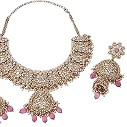 Gorgeous Flower Design Uncut Kundan Stone Gold Plated Brass Choker Necklace Set With Maang Tikka For Women and Girls-image-65