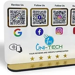 Smart NFC 4-in-1 QR Code Tabletop Standee | Google Review, Facebook, Instagram & YouTube | Acrylic Display with Gold Base | UNI-TECH Branding-picture-39