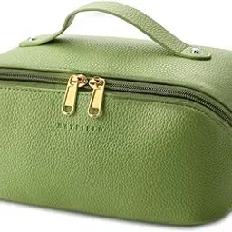 Batfield Cosmetic Bag For Women,Litchi Pu Leather Makeup Pouch For Women,Large Capacity Cosmetic Travel Bag,Portable Makeup Kit Storage Bag With Handle And Divider,Makeup Organizer Bag (Green),12 cm image 1